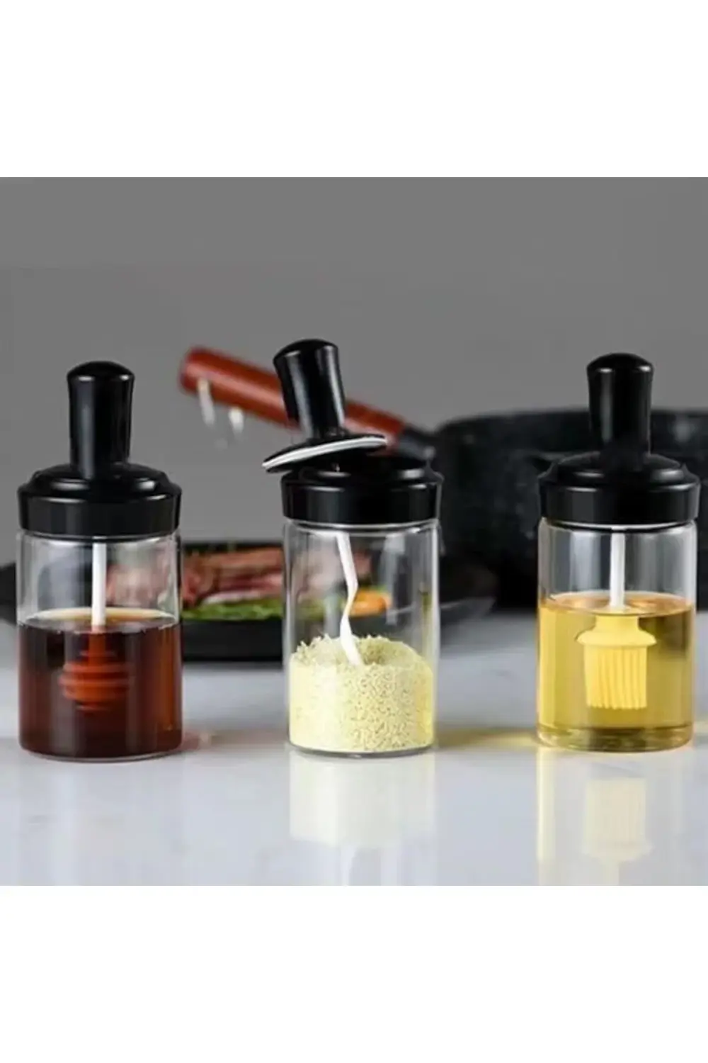 Cam Baharatlık Seti, 6'lı, Kendinden Fırçalı ve Kaşıklı, Bal Kava