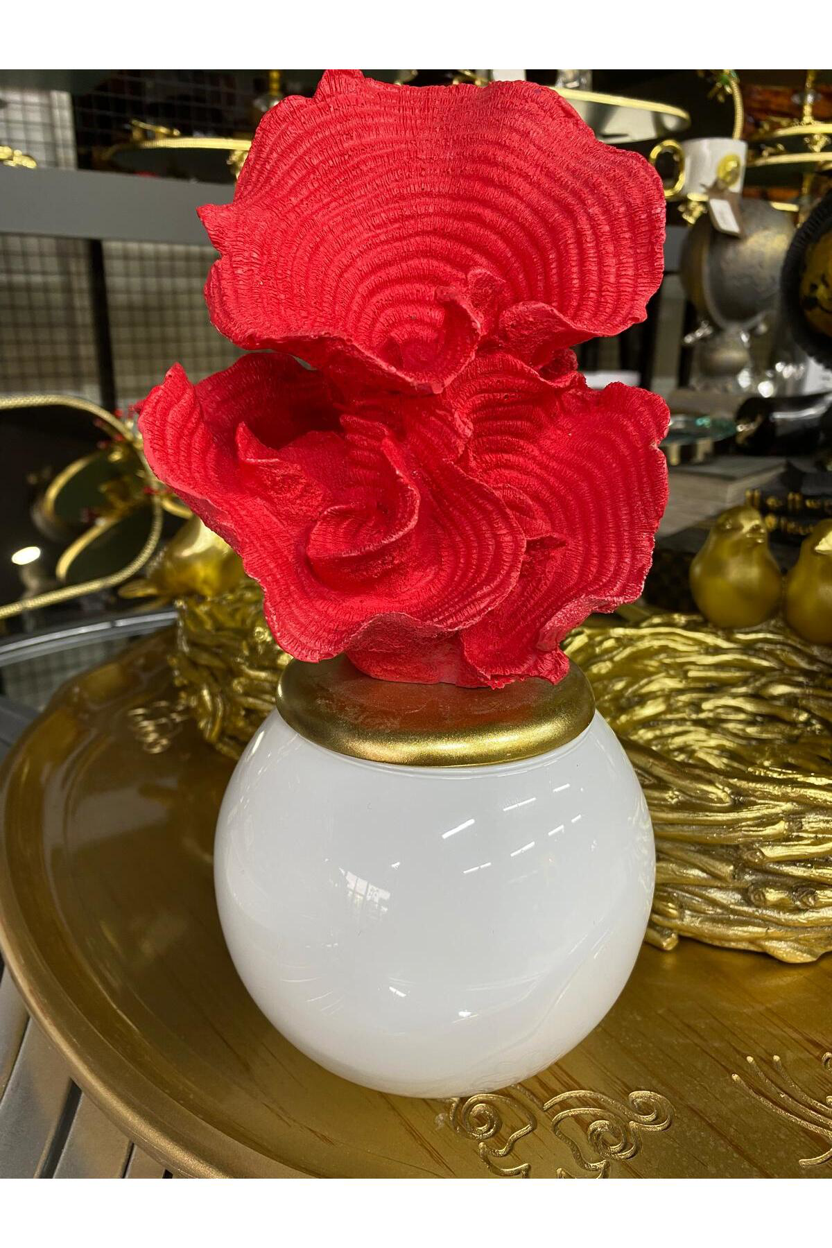 Cam Fanuslu Kırmızı Mercan Dekor 25,5cm