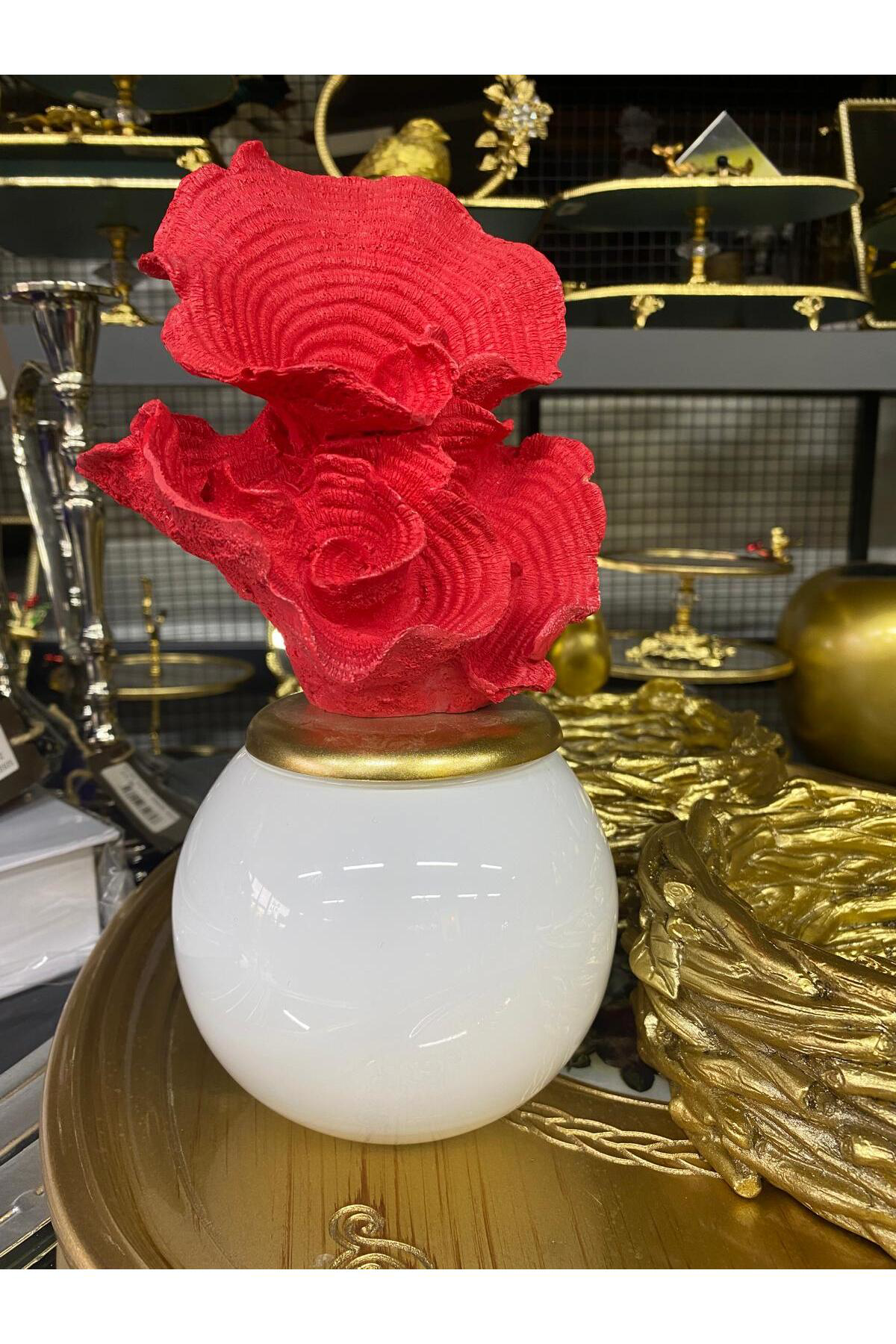 Cam Fanuslu Kırmızı Mercan Dekor 25,5cm