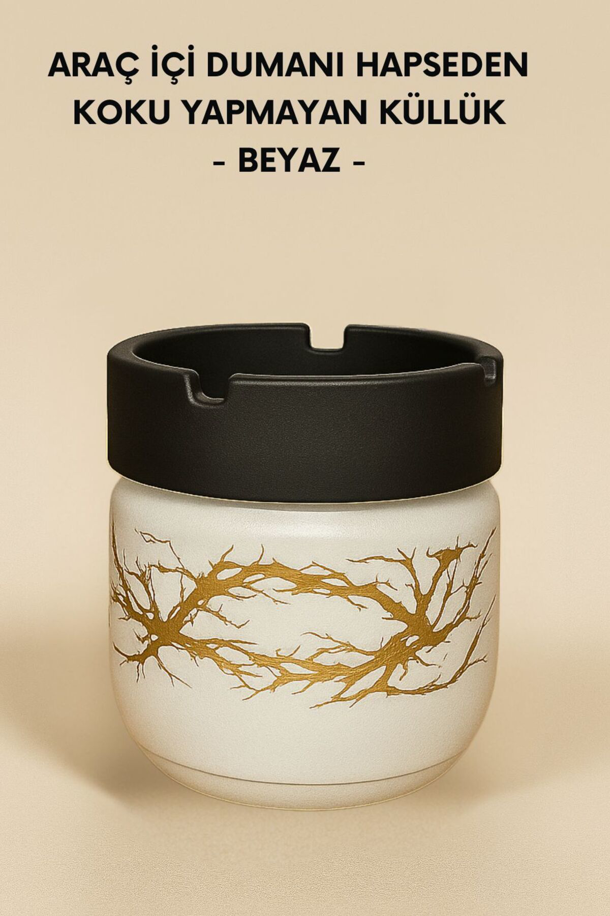 Cam Hazneli Koku Yapmayan Beyaz Küllük – Lüks Altın Desenli