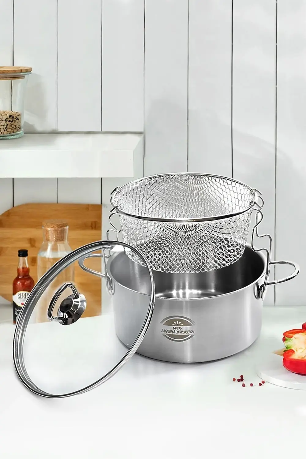 Cam Kapaklı 3 Parça Çelik Kızartma Tenceresi