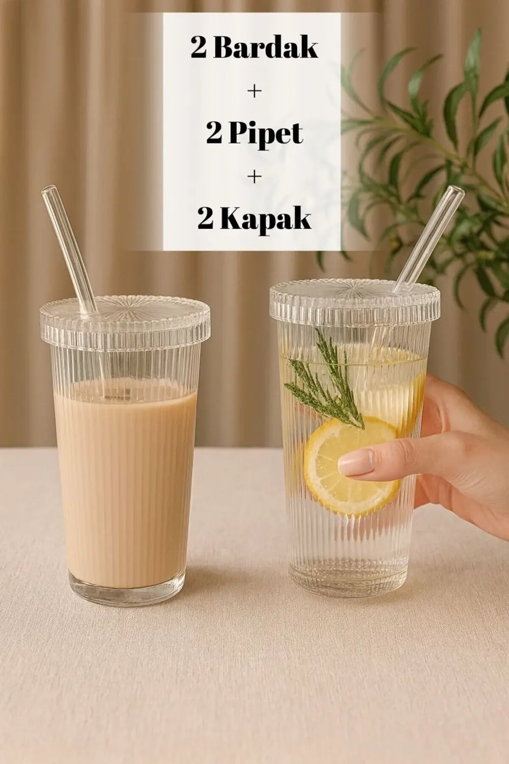 Cam Kapaklı Pipetli 400 ml Şeffaf Çizgili Bardak Seti – Soğuk İçe