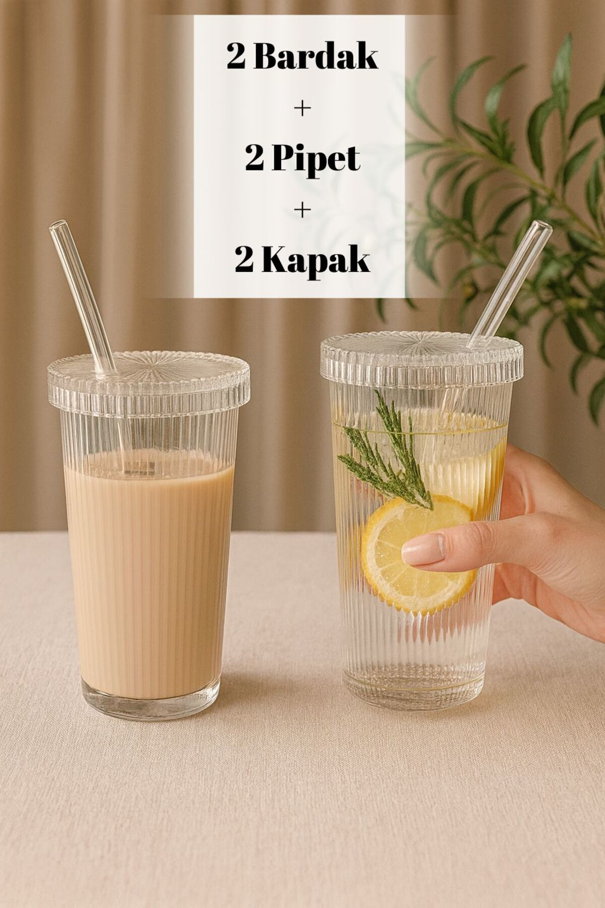 Cam Kapaklı Pipetli 400 ml Şeffaf Çizgili Bardak Seti – Soğuk İçe
