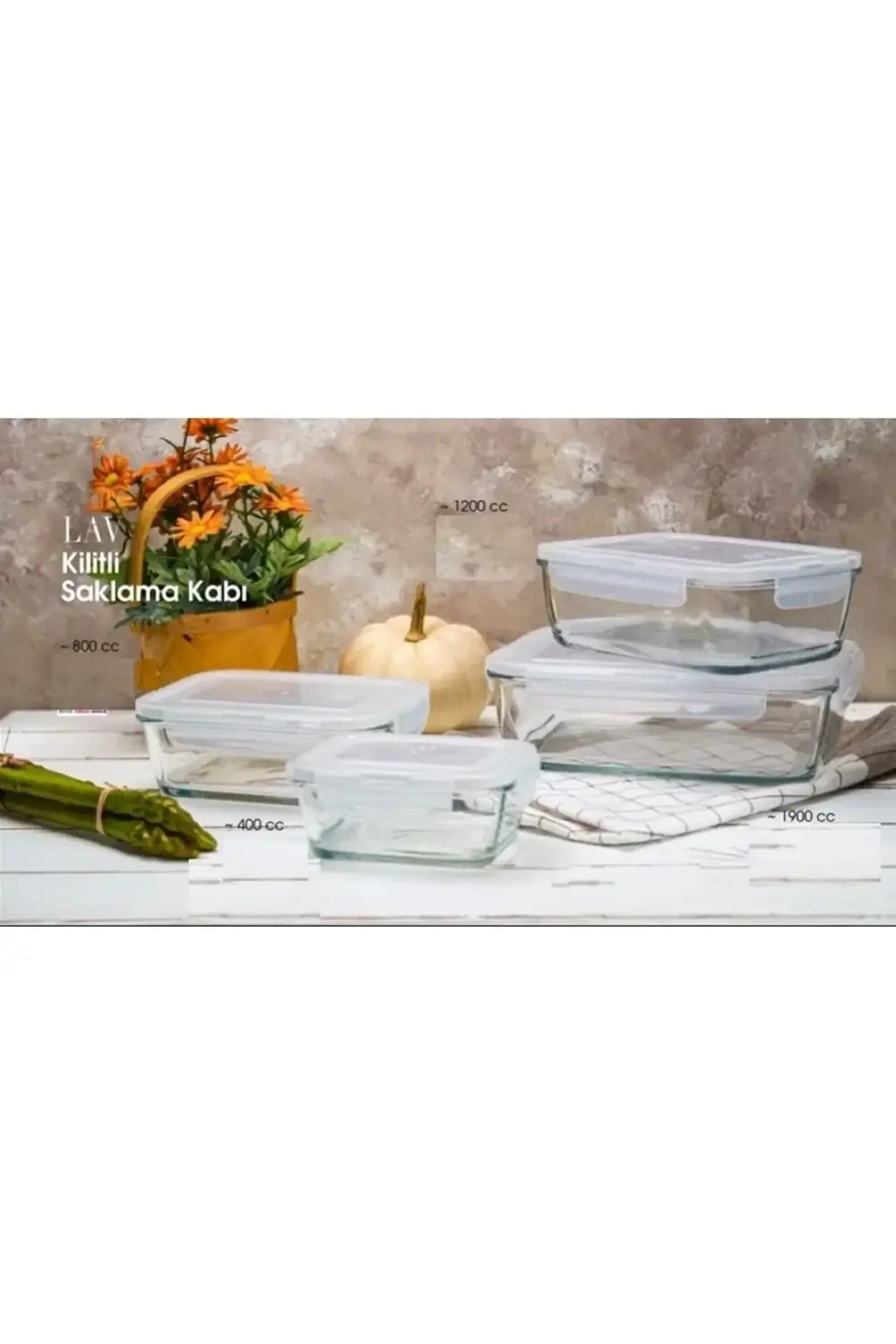 Lav Cam Kilitli Saklama Kabı 1900Cc-Yeni Seri Büyük Dikdörtgen Cam Sa