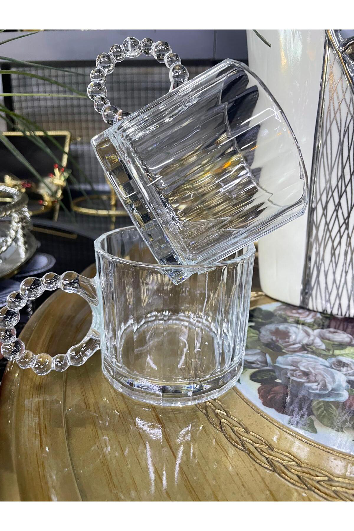 Elif Aksesuar Cam Kupa Boncuklu Kulp Mug 2'Li 325 Ml