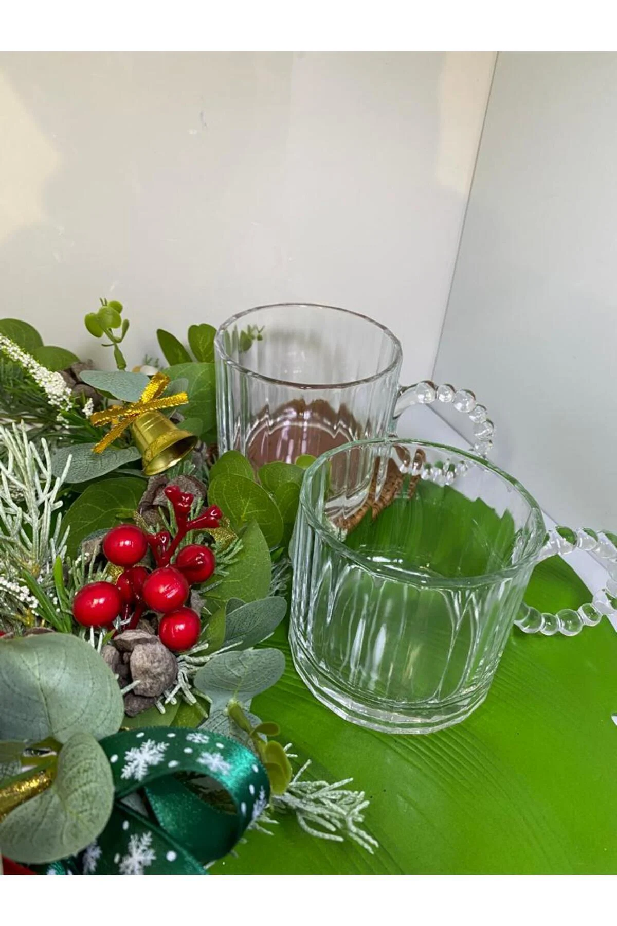 Cam Kupa Boncuklu Kulp Mug 2'li 325 ml
