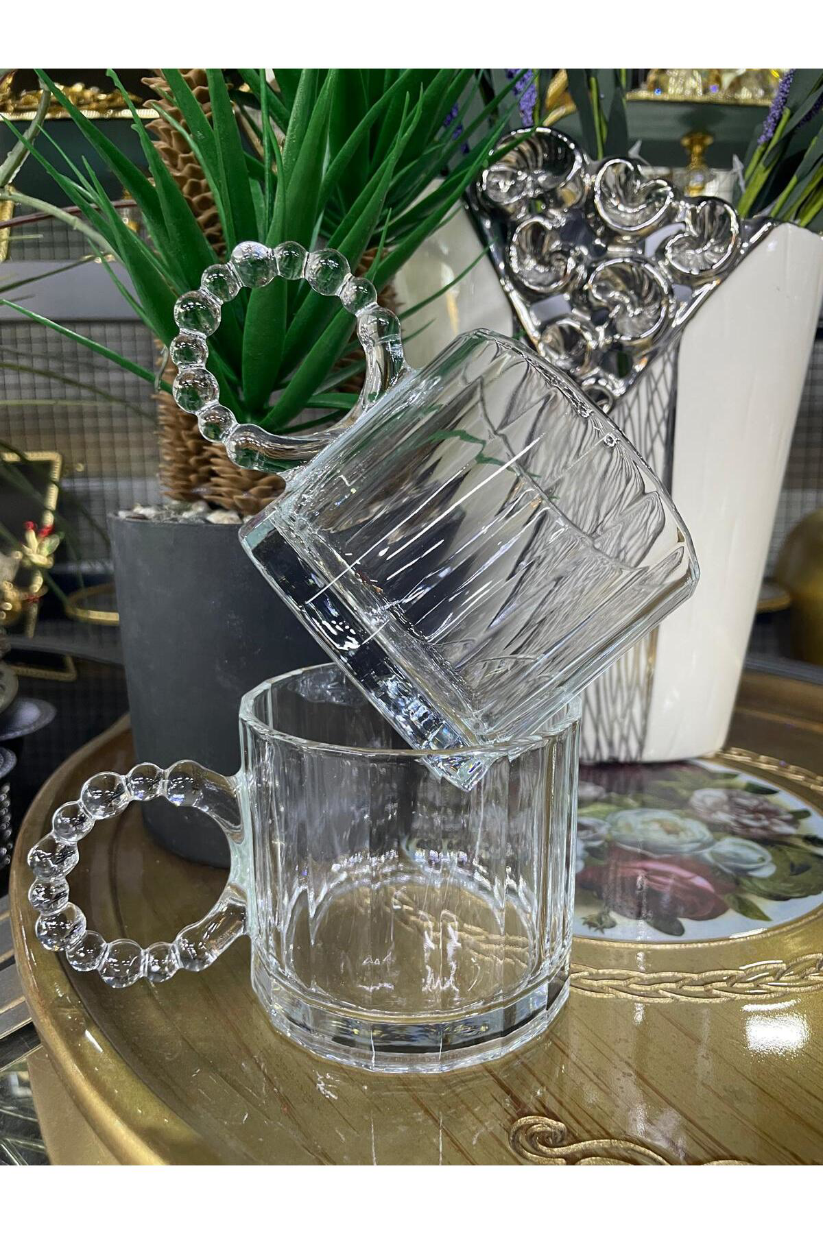 Elif Aksesuar Cam Kupa Boncuklu Kulp Mug 2'Li 325 Ml