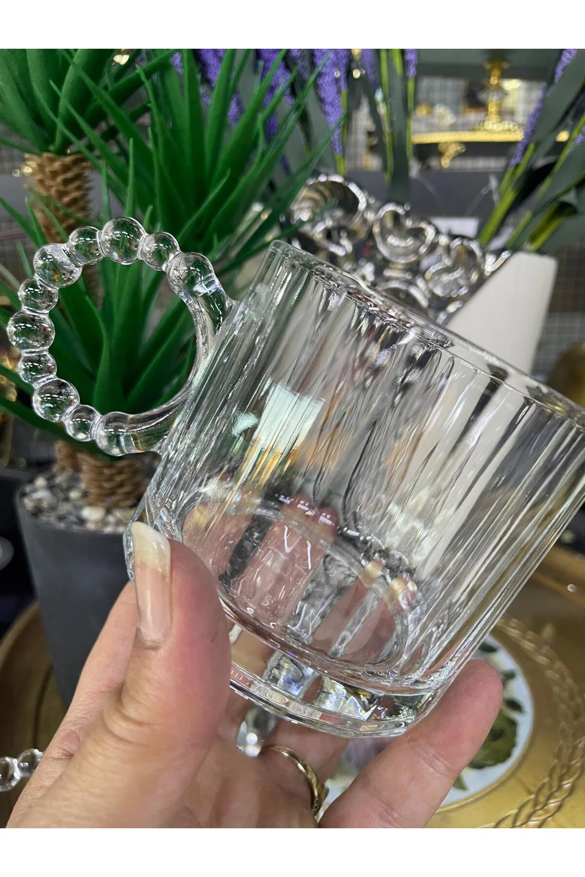 Cam Kupa Boncuklu Kulp Mug 2'li 325 ml