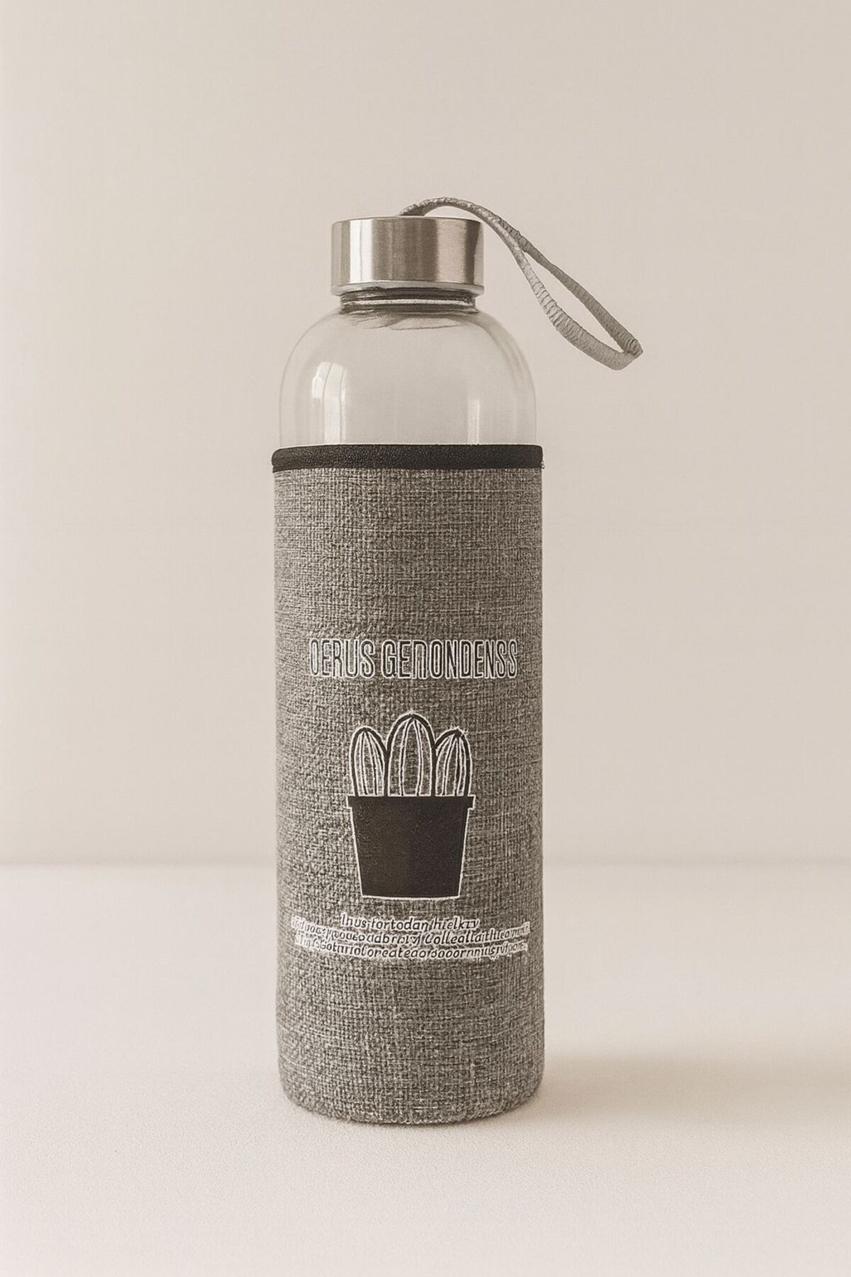 Cam Matara 750 ml Kaktüs Desenli Gri Kumaş Kılıflı Su Şişesi