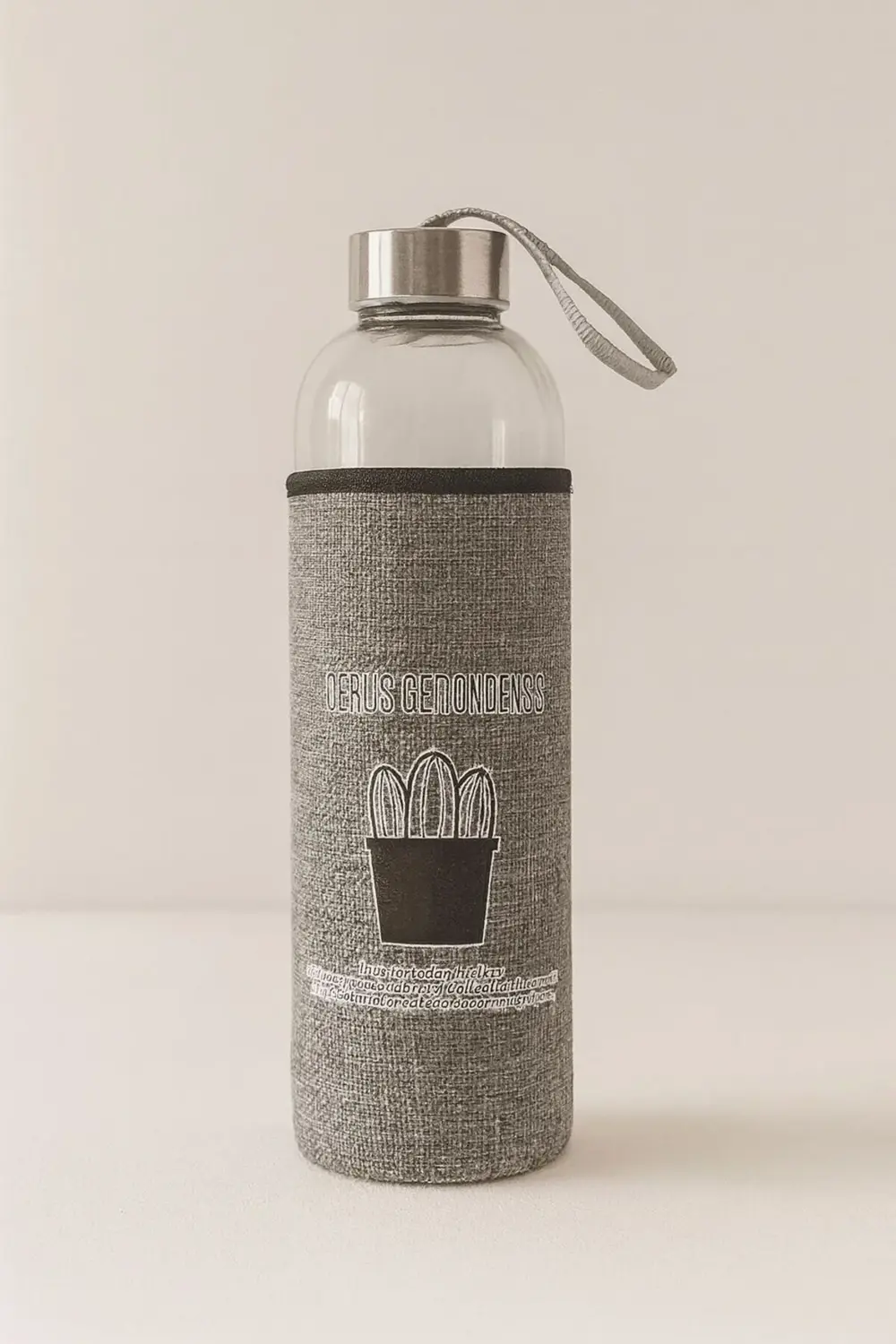 Cam Matara 750 ml Kaktüs Desenli Gri Kumaş Kılıflı Su Şişesi