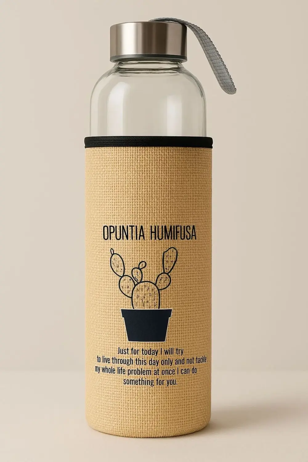 Cam Matara 750 ml Kaktüs Desenli Sarı Kumaş Kılıflı Su Şişesi