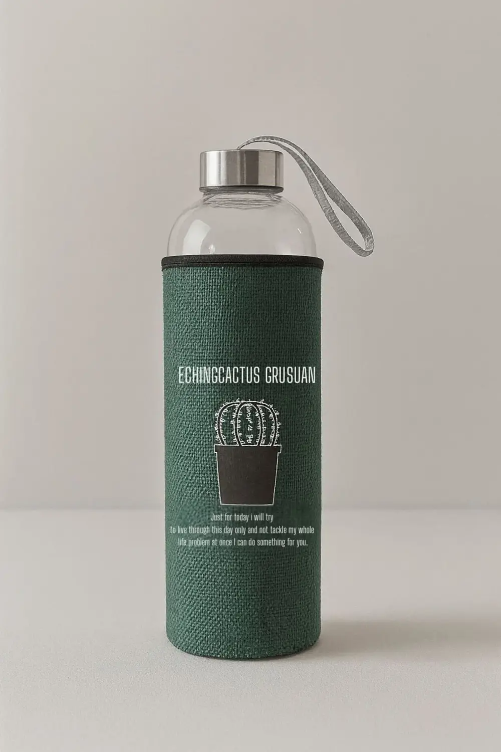 Cam Matara 750 ml Kaktüs Desenli Yeşil Kumaş Kılıflı Su Şişesi