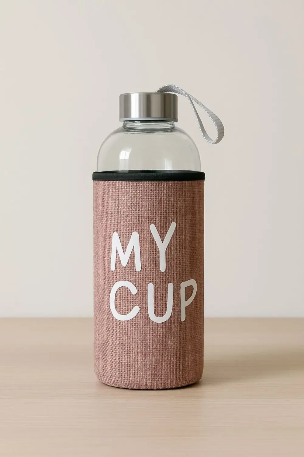 Cam Matara 750 ml Pembe Kumaş Kılıflı Taşınabilir Su Şişesi