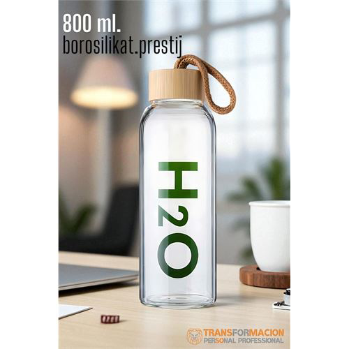 Cam Matara - 800 Ml Bambu Kapaklı Borosilikat Cam Matara - Ofis M