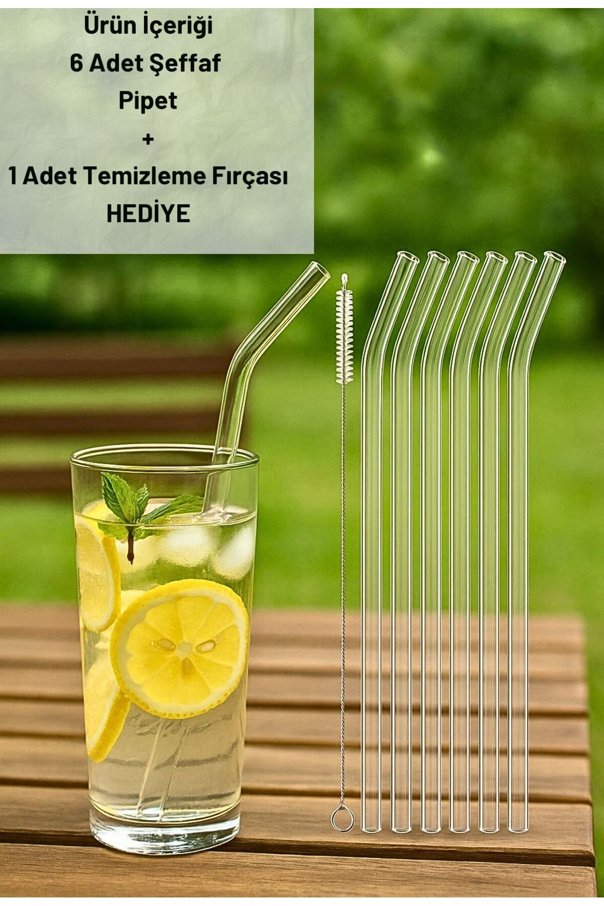 Cam Şeffaf Pipet Seti – 6 Adet Eğik Pipet + 1 adet Temizleme Fırç