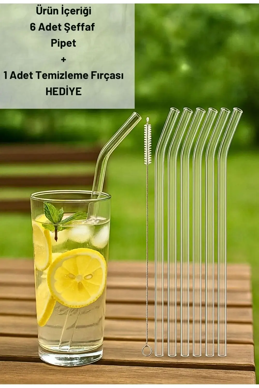 Cam Şeffaf Pipet Seti – 6 Adet Eğik Pipet + 1 adet Temizleme Fırç