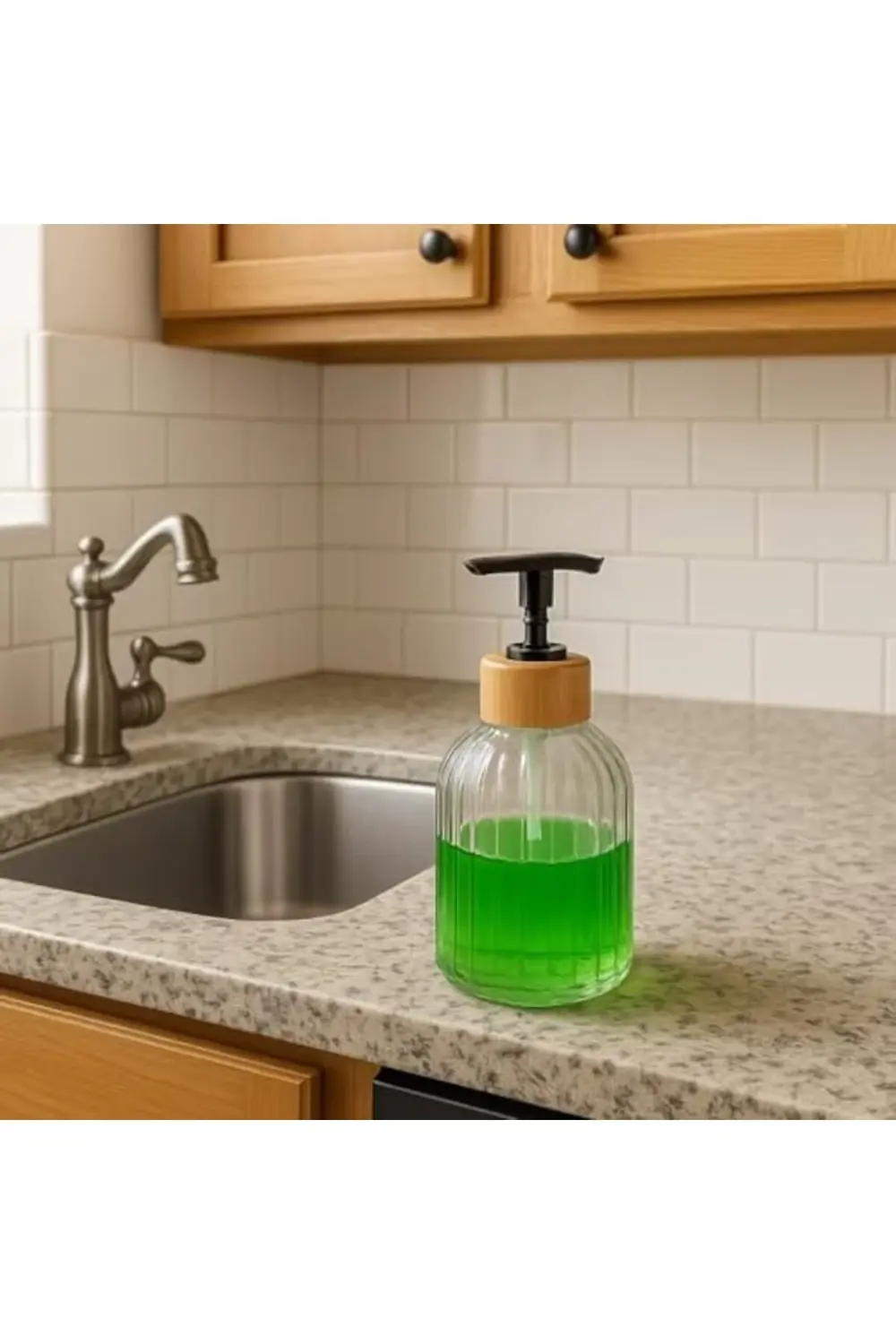 Cam Sıvı Sabunluk – Bambu Başlıklı | Şeffaf Cam Gövde |, Mutfak v