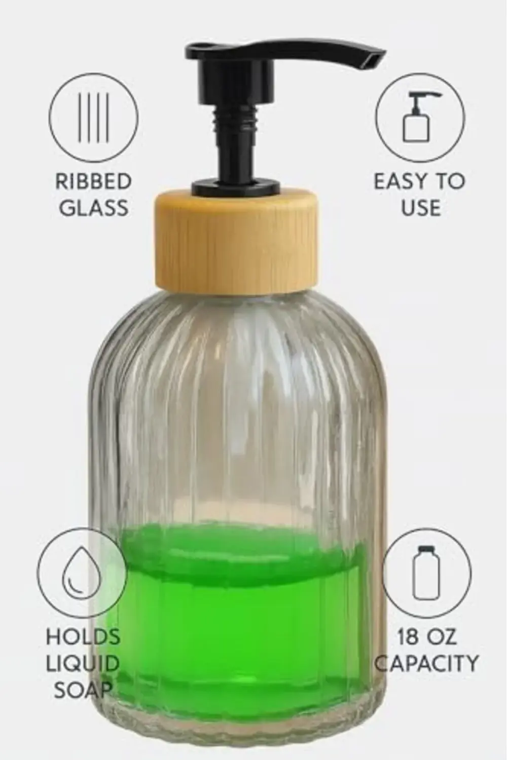 Cam Sıvı Sabunluk – Bambu Başlıklı | Şeffaf Cam Gövde |, Mutfak v