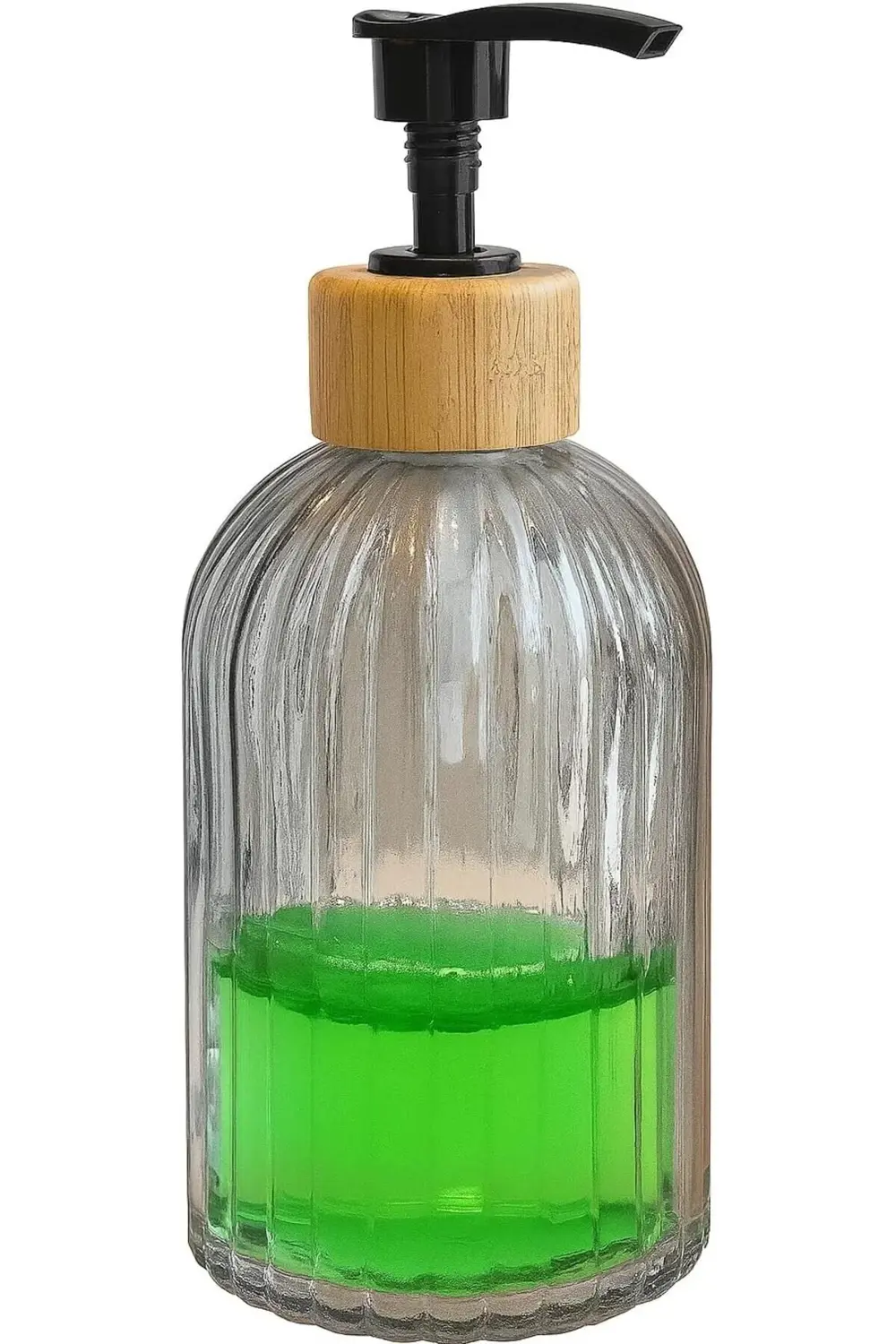 Cam Sıvı Sabunluk – Bambu Başlıklı | Şeffaf Cam Gövde |, Mutfak v