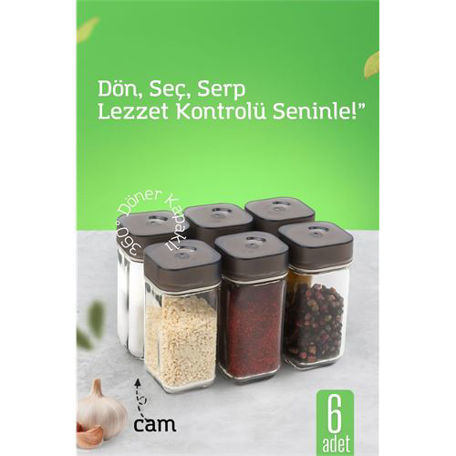 Cam Tuzluk Baharatlık – 360° Döner Kapaklı | 3 Delik Tipiyle Ayar
