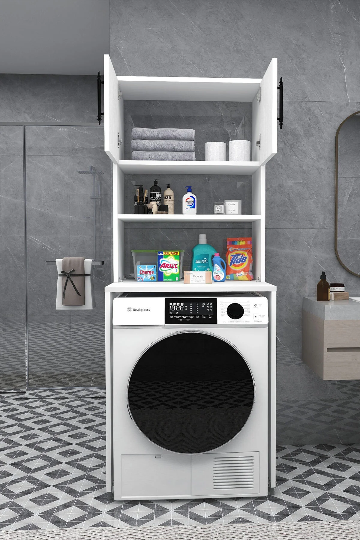 Çamaşır Makinesi Dolabı 3 Raflı Kapaklı Banyo Dolabı Mat Beyaz