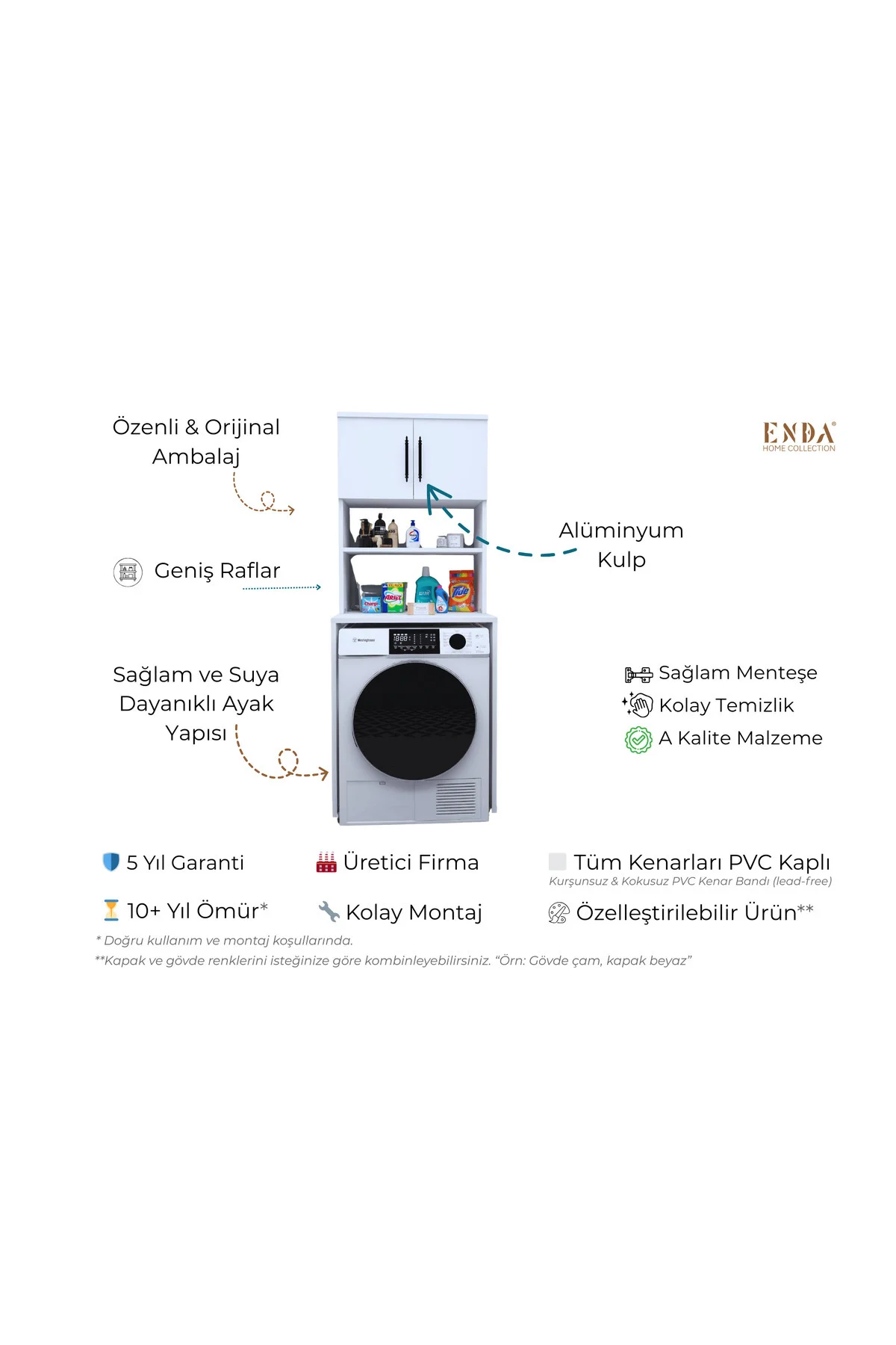Çamaşır Makinesi Dolabı 3 Raflı Kapaklı Banyo Dolabı Mat Beyaz - Görsel 2