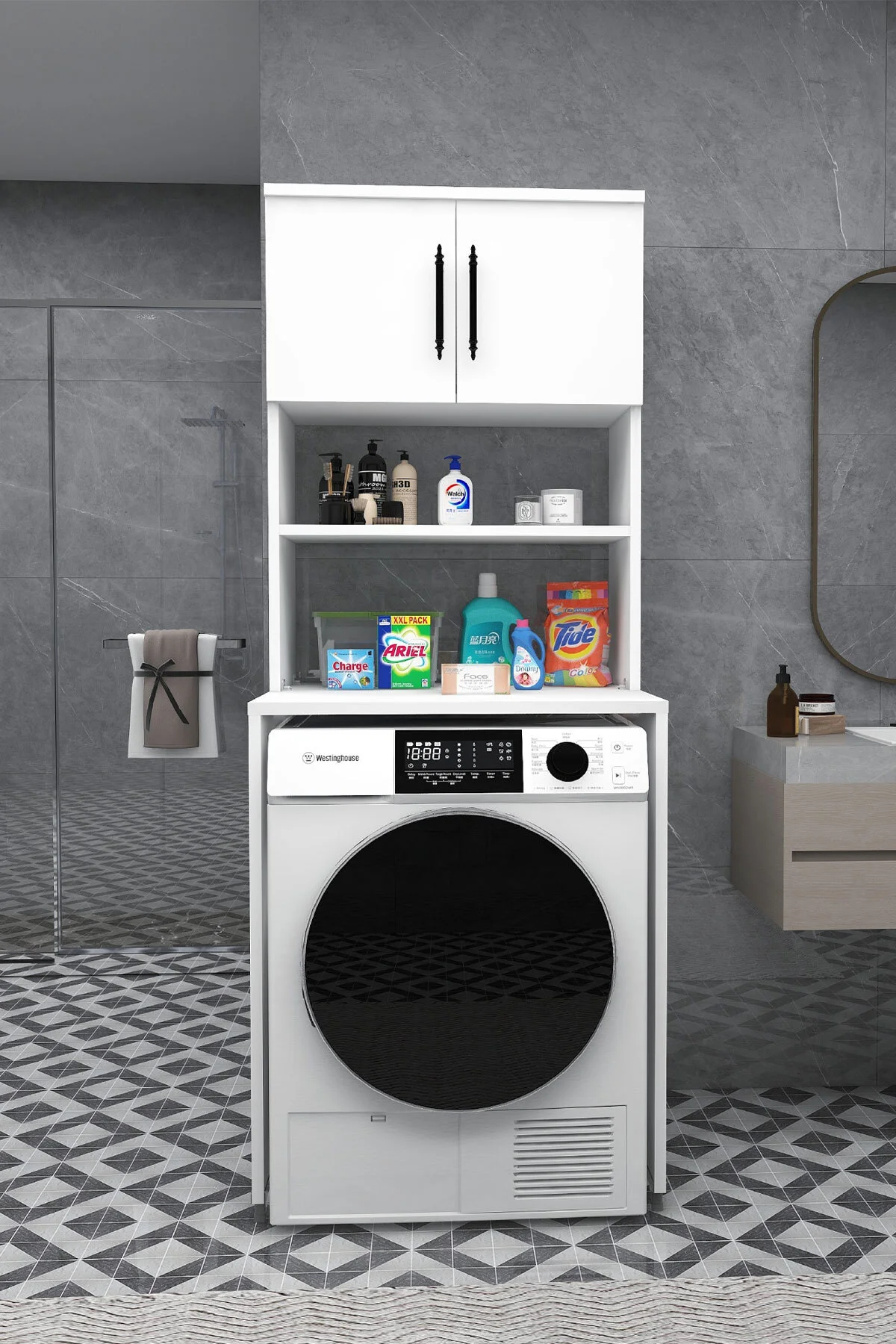 Çamaşır Makinesi Dolabı 3 Raflı Kapaklı Banyo Dolabı Mat Beyaz