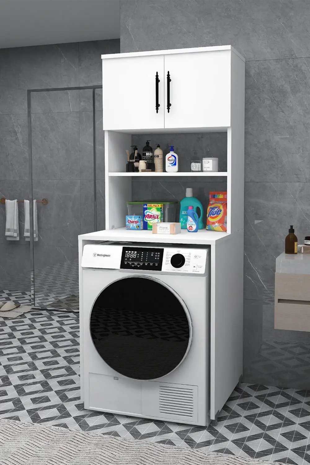 Çamaşır Makinesi Dolabı 3 Raflı Kapaklı Banyo Dolabı Mat Beyaz