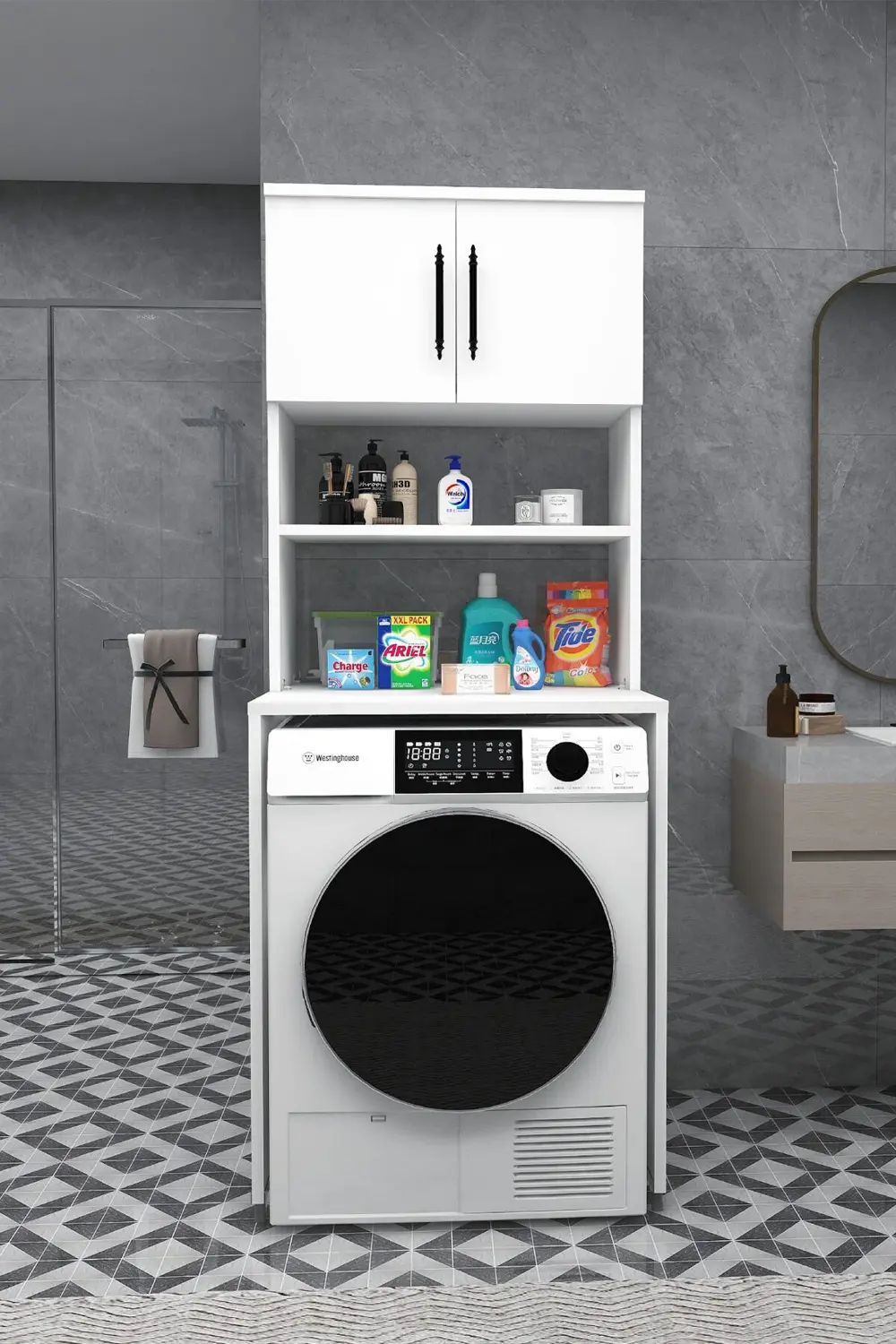 Çamaşır Makinesi Dolabı 3 Raflı Kapaklı Banyo Dolabı Mat Beyaz