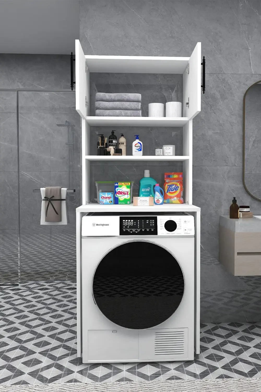 Çamaşır Makinesi Dolabı 3 Raflı Kapaklı Banyo Dolabı Mat Beyaz