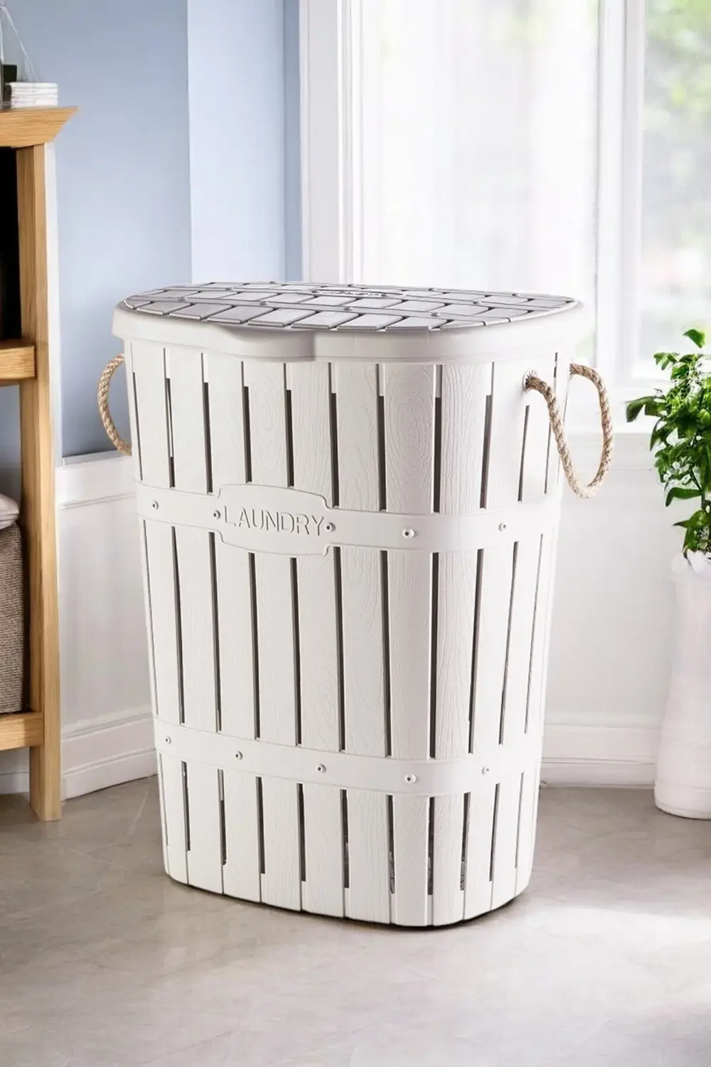 Çamaşır Sepeti, 65lt Bambu Desenli Halat Kulplu Hacim, Beyaz