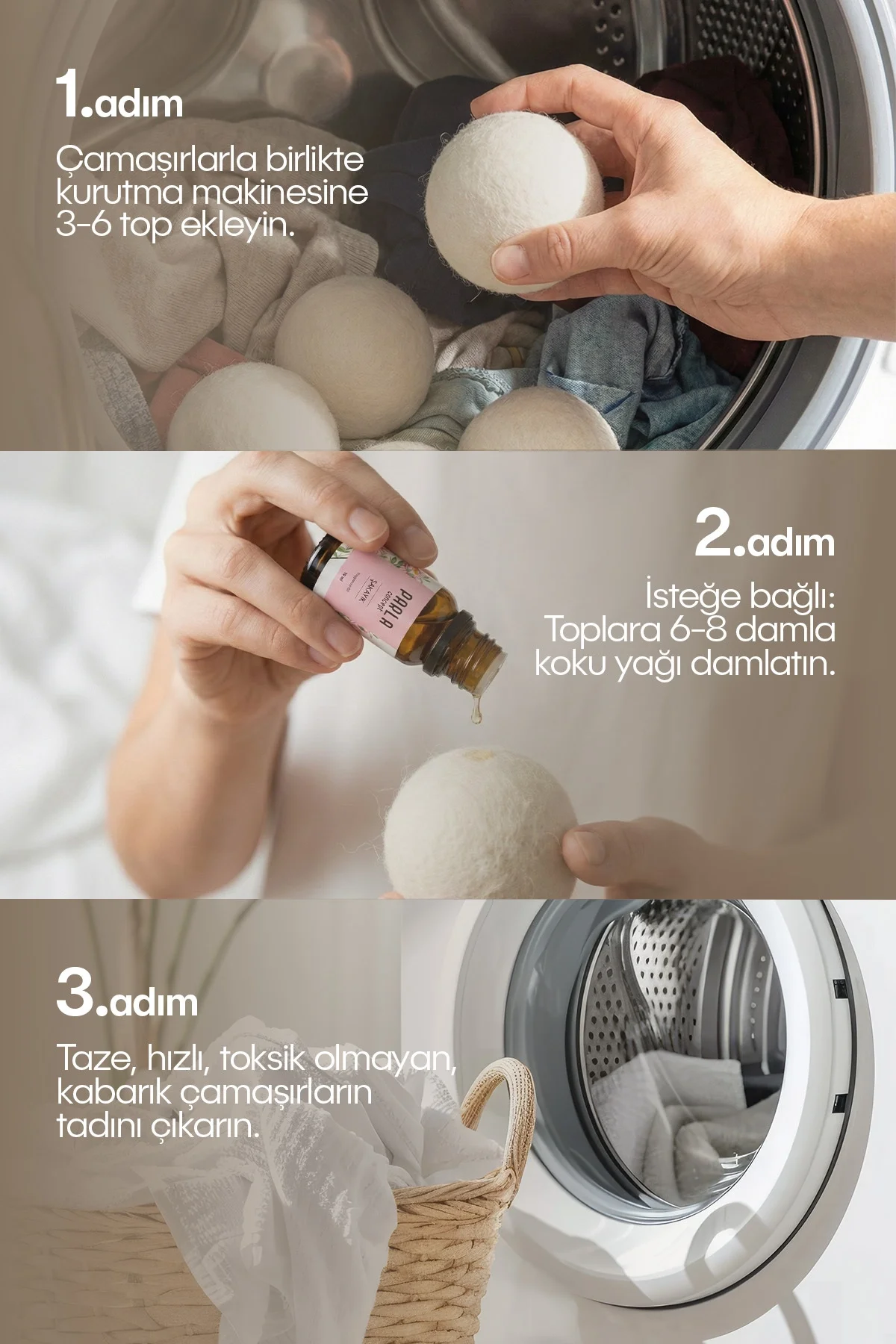 Çamaşır Yün Kurutma Topu ve Koku Seti - Kurutma Makinesi İçin - 3 Adet Top
