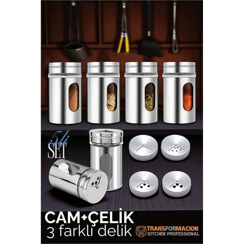 Cam+Çelik Tuzluk Biberlik Karabiberlik 3 Farklı Delikli 5'li SET