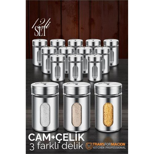 Cam+Çelik Tuzluk Biberlik Karabiberlik 3 Farklı Delikli 12'li SET