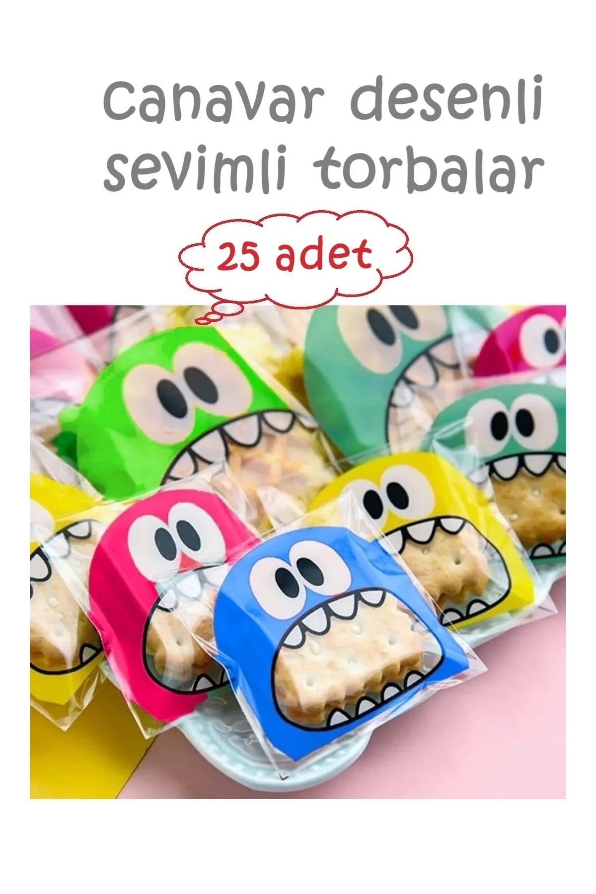 Canavar Desenli Sevimli Eğlenceli Bantlı Poşetler 25 adet şeffaf 
