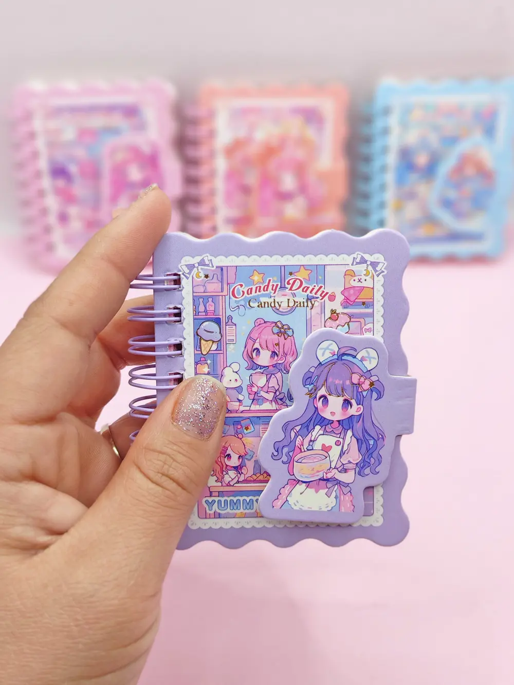 Candy Sevimli Kız Cırtlı Cep Boy Mini Not Defteri (7x8 cm) - Mor