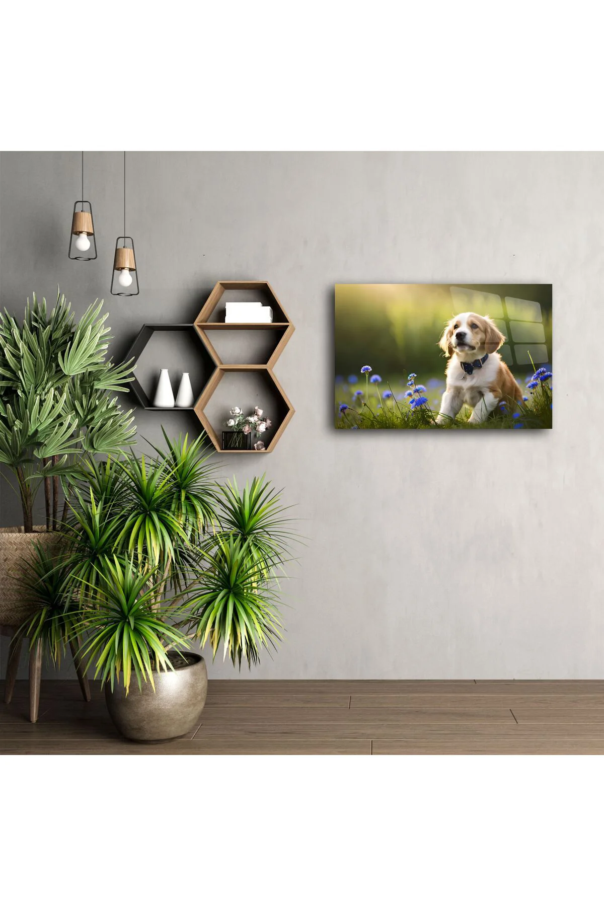 Canlı Mavi Çiçekler Arasında Oturan Sevimli Yavru Köpek Kanvas Tablo