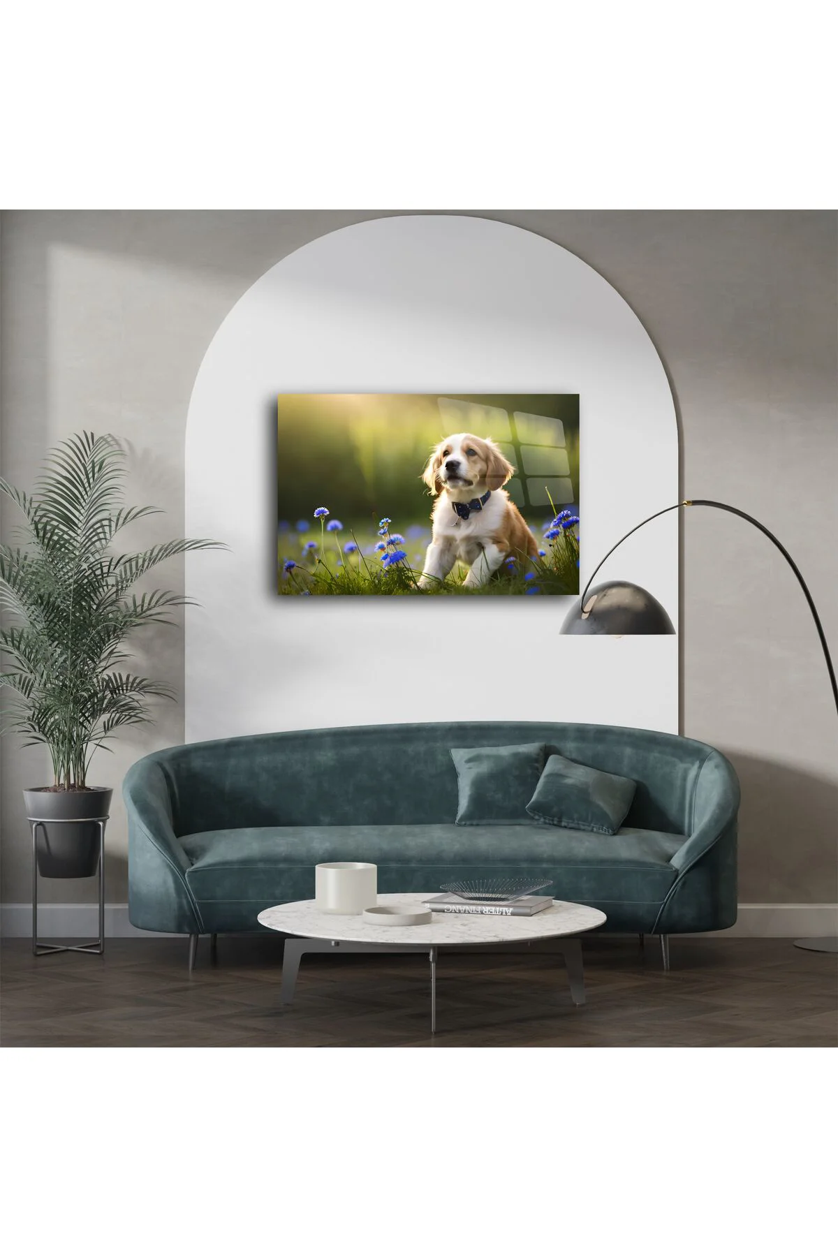 Canlı Mavi Çiçekler Arasında Oturan Sevimli Yavru Köpek Kanvas Tablo