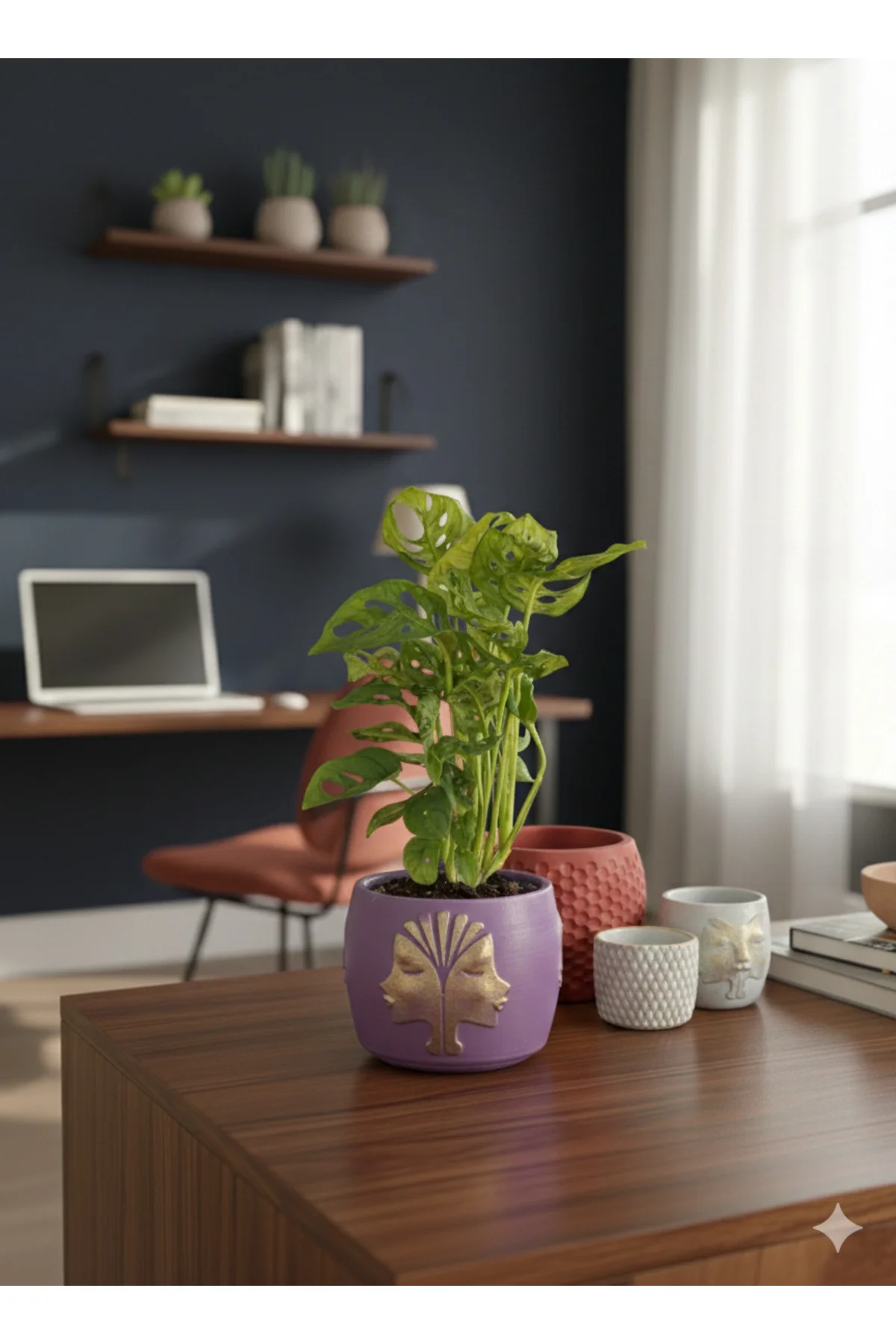 Canlı Monstera Adansonii Maymun Maskesi - El Yapımı Tasarım Mor B