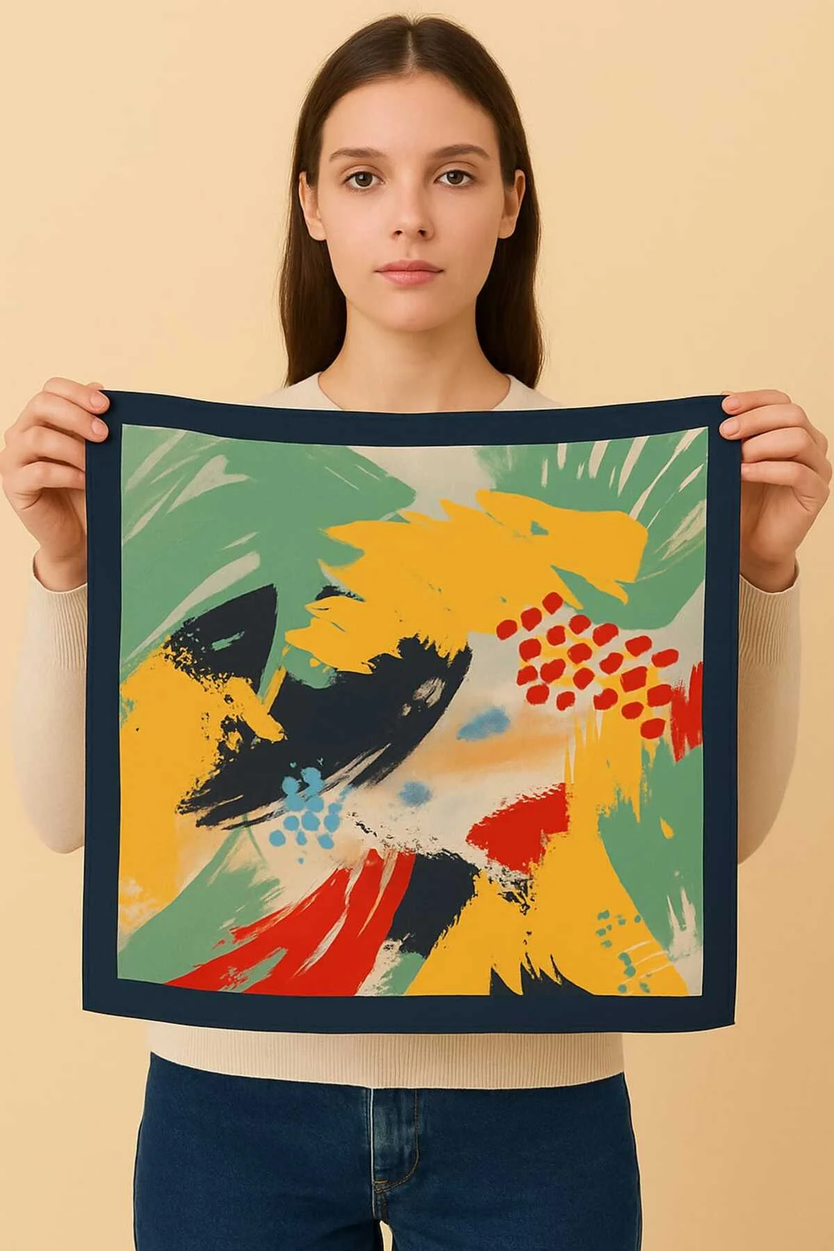 Canlı Renkli Kaymaz Fular – Modern Soyut Tasarım, Şık ve Rahat Kullanım Ressam Desenli Boyalı Canlı Renkli Kaymaz Fular – Modern Soyut Tasarım, Şık ve Rahat Kullanım Ressam Desenli Boyalı