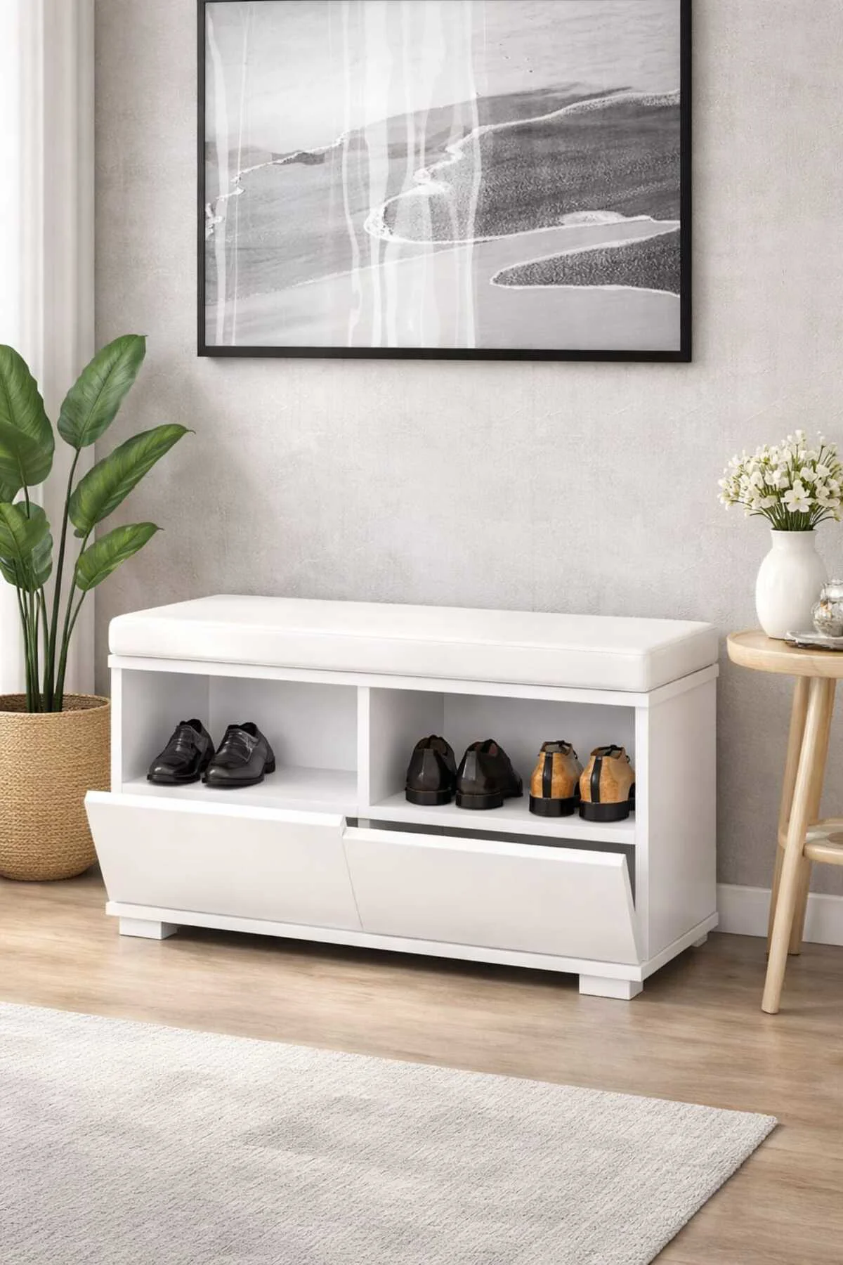 CANNAREGIO 80 cm Minderli Oturaklı Ayakkabılık | 2 Kapaklı Beyaz 
