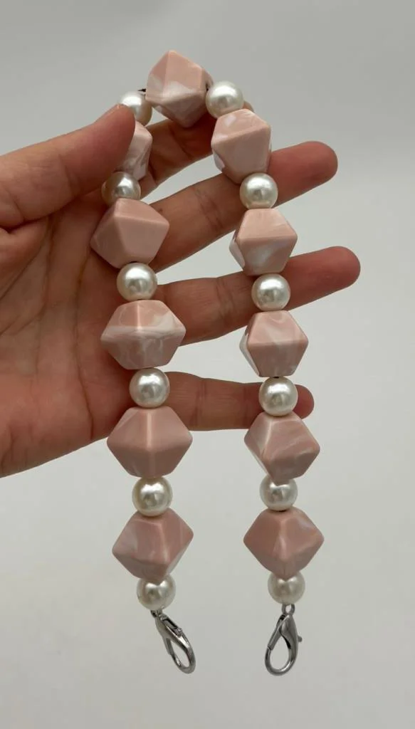 Çanta Aksesuar 40 cm Pudra Renk İncili Çanta Sapı Kancalı