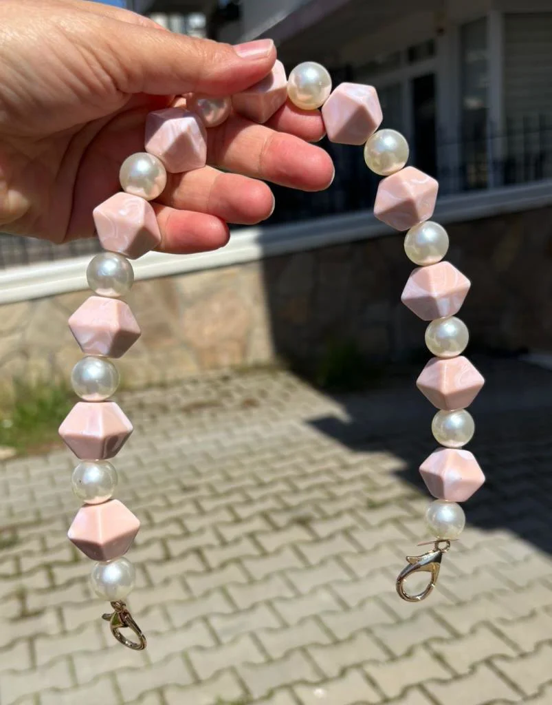 Çanta Aksesuar 40 cm Pudra Renk İncili Çanta Sapı Kancalı