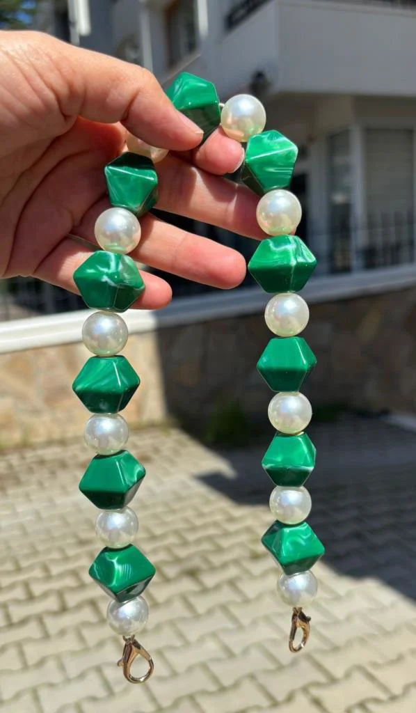 Çanta Aksesuar 40 cm Yeşil Renk İncili Çanta Sapı Kancalı