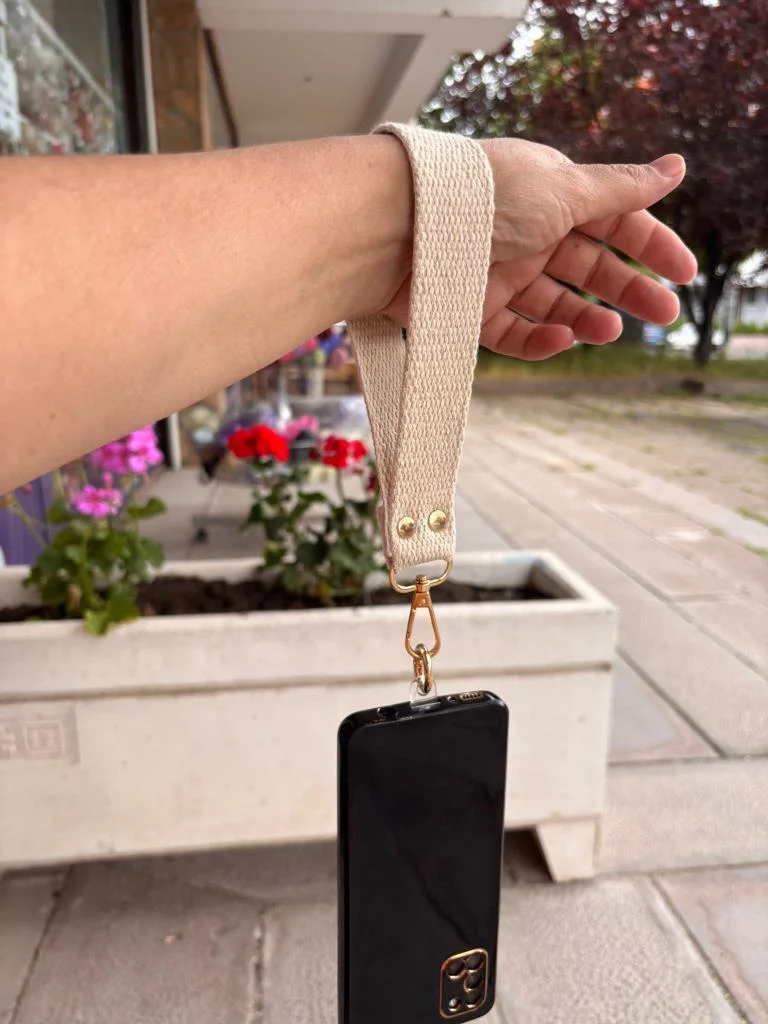 Çanta Aksesuar Krem Renk Pamuklu  Telefon Bilek Askısı, Telefon Z