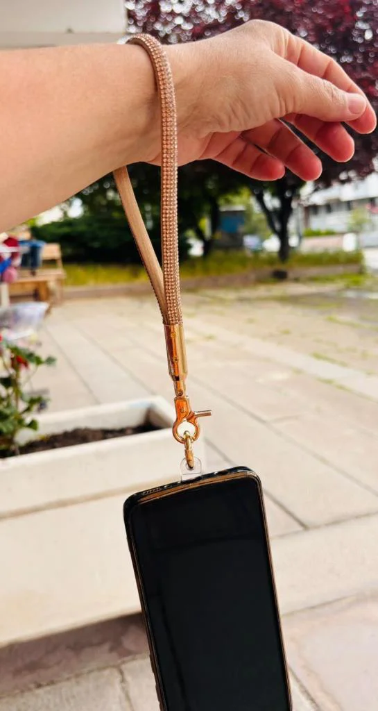 Çanta Aksesuar Taşlı Bej Renk Telefon Bilek Askısı, Telefon Zinci