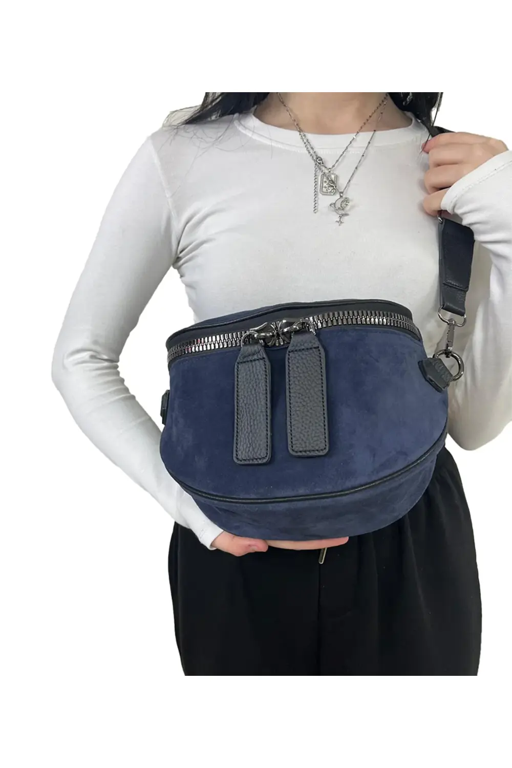 ÇANTA SÜET LACİVERT 100% Gerçek deri bel çantası (bady bag)