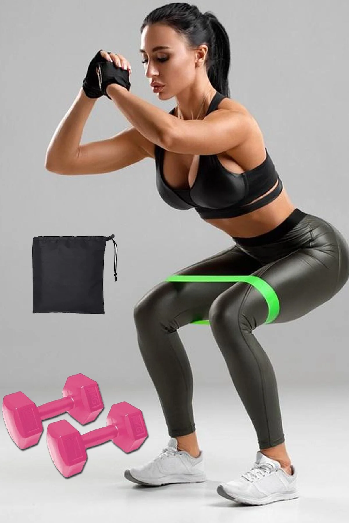 Çantalı Aerobik Direnç Lastiği Squat Bandı Ve 1 Kg x 2 Adet Dambı