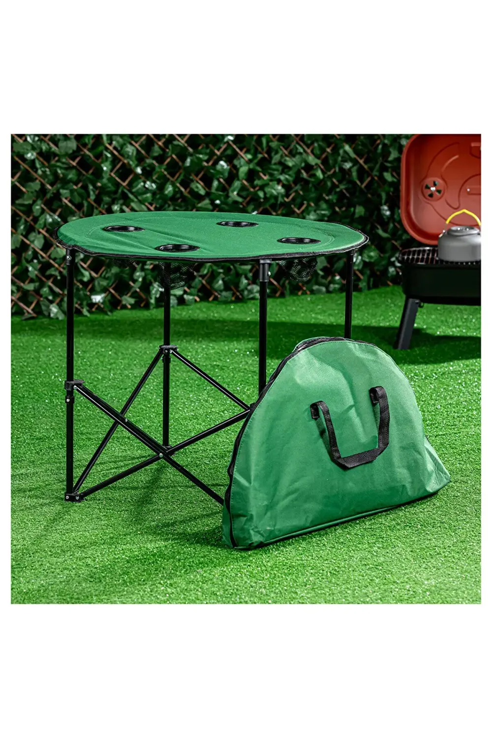 Çantalı Yuvarlak Kamp Masası Yeşil Renk 71 cm Çapında