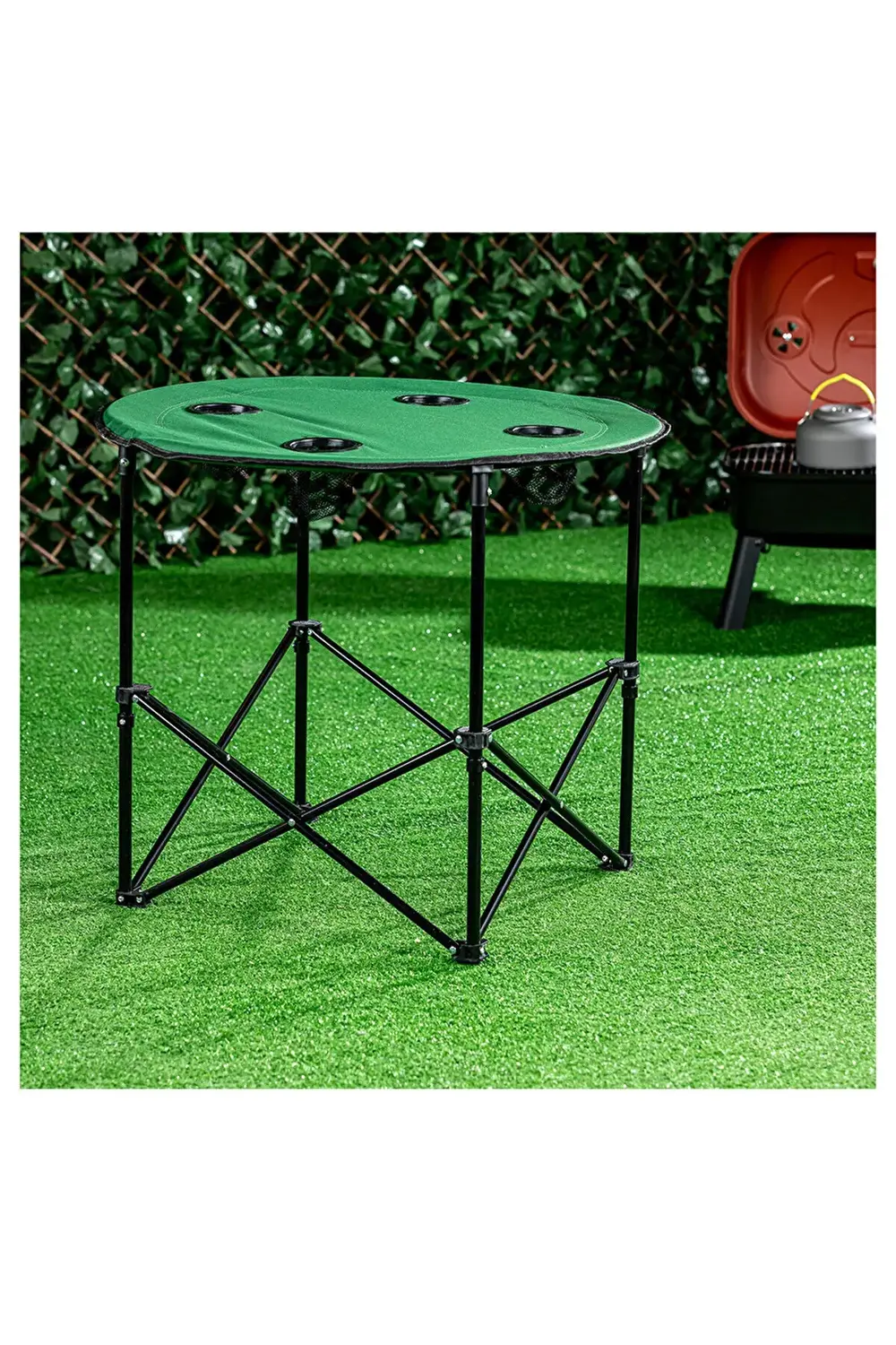 Çantalı Yuvarlak Kamp Masası Yeşil Renk 71 cm Çapında